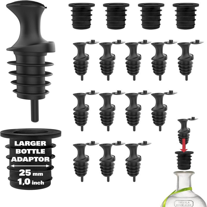 Esatto Pour & Seal Plastic Pourer with Lid - 12 Pieces & 4 Cork Adaptors for Precision Pouring, Pour Spouts for Bottles, Liquor Bottle Pourers for Alcohol & Olive Oil, Bar Bartender Accessories - Image 1